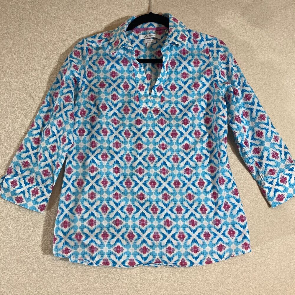 Foxcroft NYC Popover Top Sz 4 Blue/Pink Print Wrinkle Free 3/4 Sleeve‎ Cotton